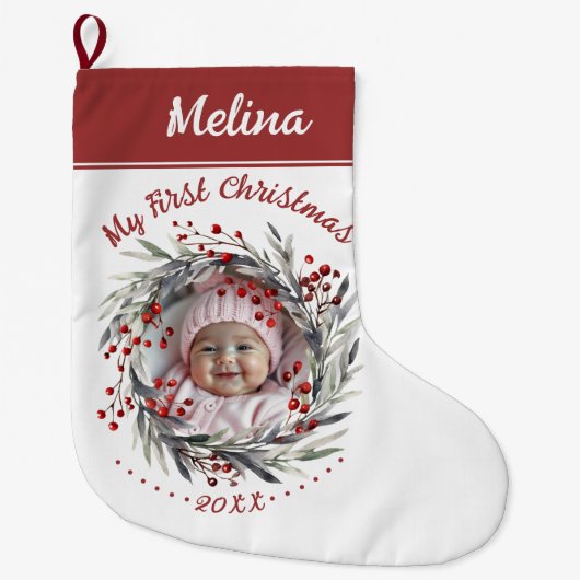 フローラリースベリーベビーの初めてのクリスマス写真 ラージクリスマスストッキング (正面)