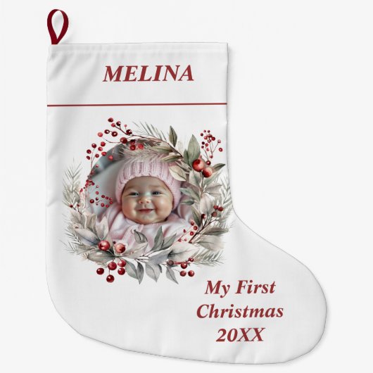 フローラリースベリーベビーの初めてのクリスマス写真 ラージクリスマスストッキング (正面)