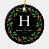 フローラリースモノグラムの家族の写真 セラミックオーナメント (正面)