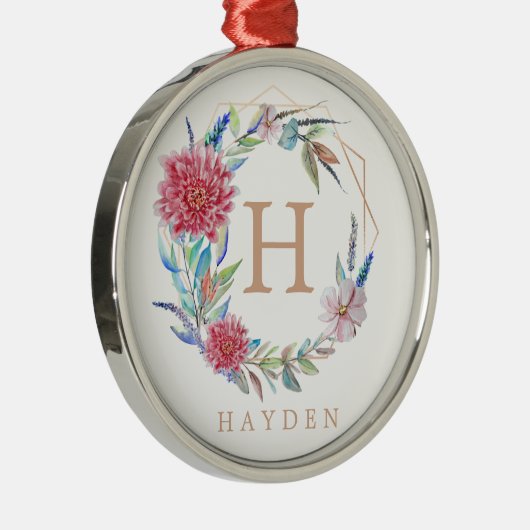 フローラリースモノグラム名前をカスタムする メタルオーナメント (右)