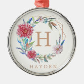 フローラリースモノグラム名前をカスタムする メタルオーナメント (正面)