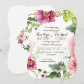 フローラリースリーフブラケットラズベリーバラ牡丹 招待状 (正面/裏面)