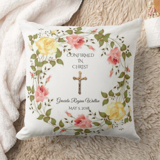 フローラリース十字架イエローピンクローズ クッション (ブランケット)