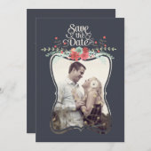 フローラリース日付の写真カードの保存 招待状 (正面/裏面)