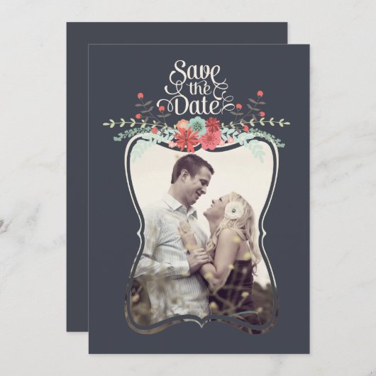 フローラリース日付の写真カードの保存 招待状 (正面/裏面)