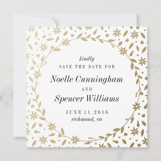 フローラリース日付カードをゴールドフォイルに保存 セーブザデート (正面)