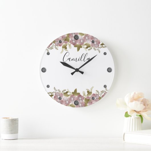 フローラリース春サマーピンク花グリーンlea ラージ壁時計 (ホーム)