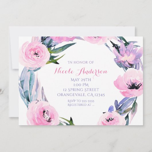 フローラリース水彩エレガントブライダルシャワー 招待状 (裏面)