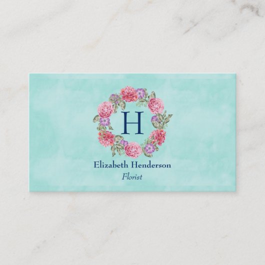 フローラリース水彩フラワーピンクと紫 名刺 (正面)