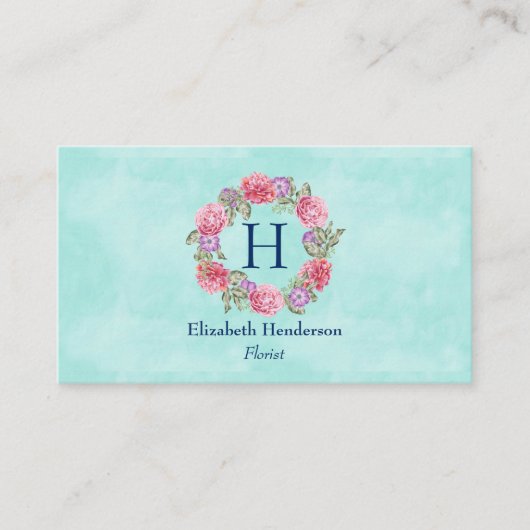 フローラリース水彩フラワーピンクと紫 名刺 (正面)