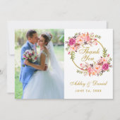 フローラリース結婚ピンクの写真サンキューカード セーブザデート (正面)