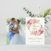フローラリース結婚ピンクの写真サンキューカード セーブザデート (スタンド正面)