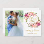 フローラリース結婚ピンクの写真サンキューカード セーブザデート (正面/裏面)