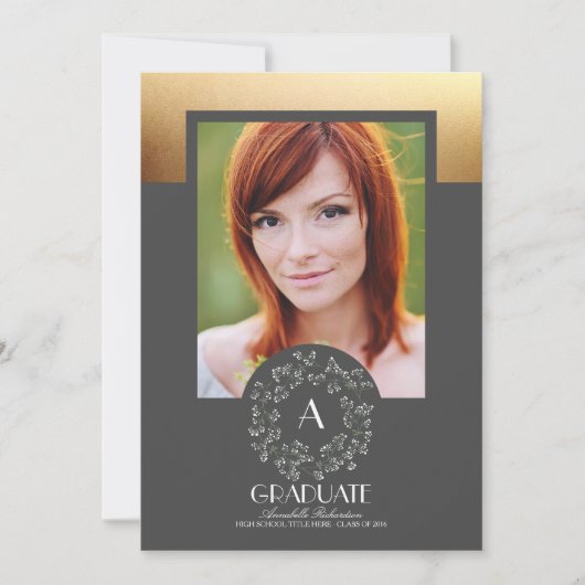 フローラリース金ゴールドテクスチャ写真の卒業 招待状 (正面)