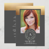フローラリース金ゴールドテクスチャ写真の卒業 招待状 (正面/裏面)