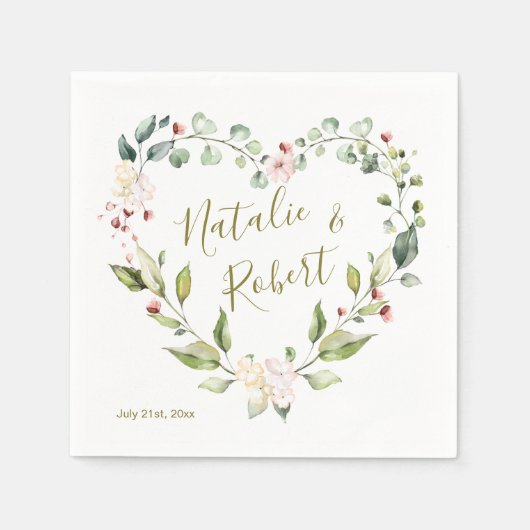 フローラリース、離れハートの形状の緑色の スタンダードカクテルナプキン (正面)