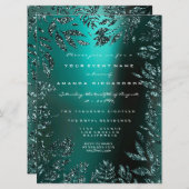 フローラリーフフレームグリッターティール(緑がかった色)水中競技 フォーマル 招待状 (正面/裏面)