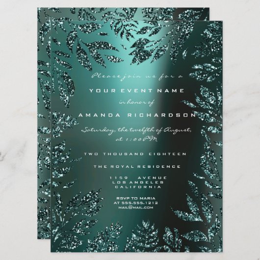 フローラリーフフレームグリッターティール(緑がかった色)水中競技 フォーマル 招待状 (正面/裏面)