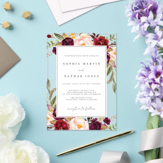 フローラリーフブルゴーニュモダング澄んロン結婚ズ アクリル招待状 (インサイチュ (ウェディング))