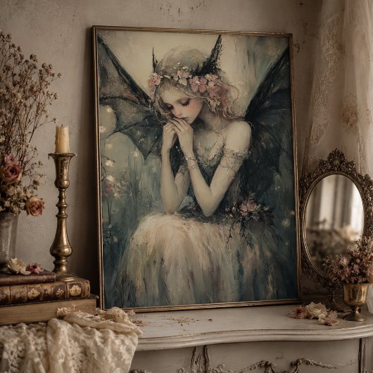 フローラルクラウンを持つゴシック・ファンタジーの妖精の壁掛けアート フォトプリント