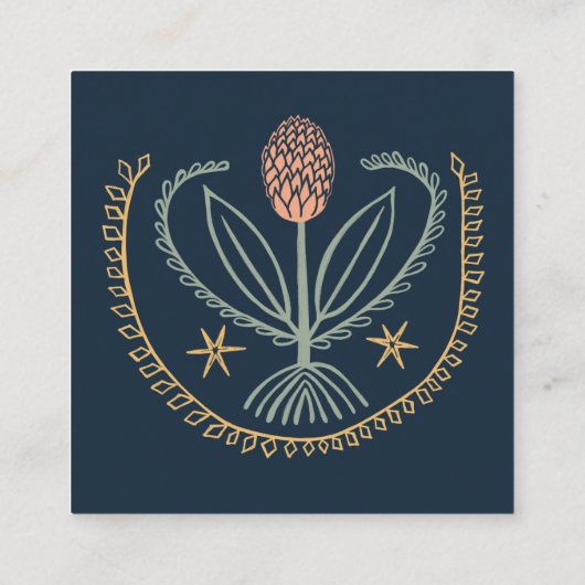 フローラルシアンタイルジオメトリックダークブルーピンク スクエア名刺 (裏面)