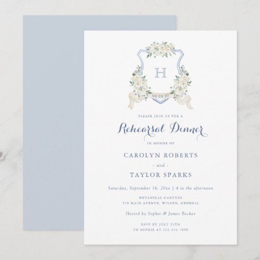 フローラルダスティブルークレストリハーサルディナーの結婚式 招待状 (正面/裏面)