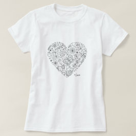 フローラルハートの落書き ロマンティックボタニカルラインダート Tシャツ