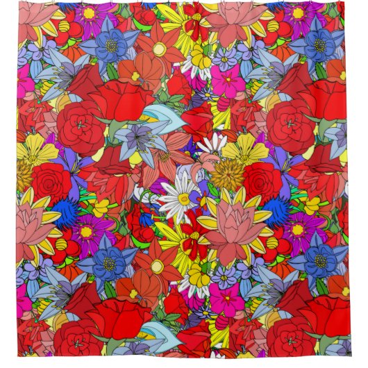 フローラルパターンイエローブルーパープルグリーンレッド シャワーカーテン (正面)