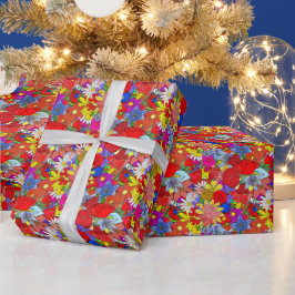 フローラルパターンイエローブルーパープルグリーンレッド ラッピングペーパー