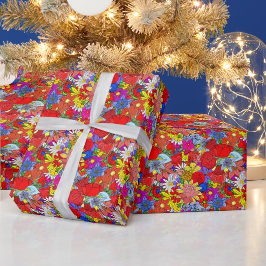 フローラルパターンイエローブルーパープルグリーンレッド ラッピングペーパー (クリスマス)