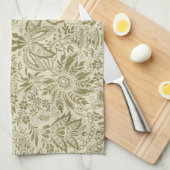 フローラルパターングリーンセージアンティークダマスク キッチンタオル (四つ折り)