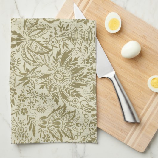 フローラルパターングリーンセージアンティークダマスク キッチンタオル (四つ折り)
