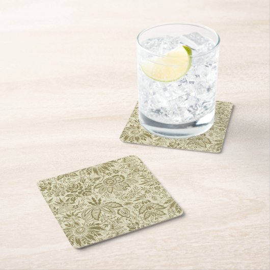 フローラルパターングリーンセージアンティークダマスク スクエアペーパーコースター (インサイチュ)