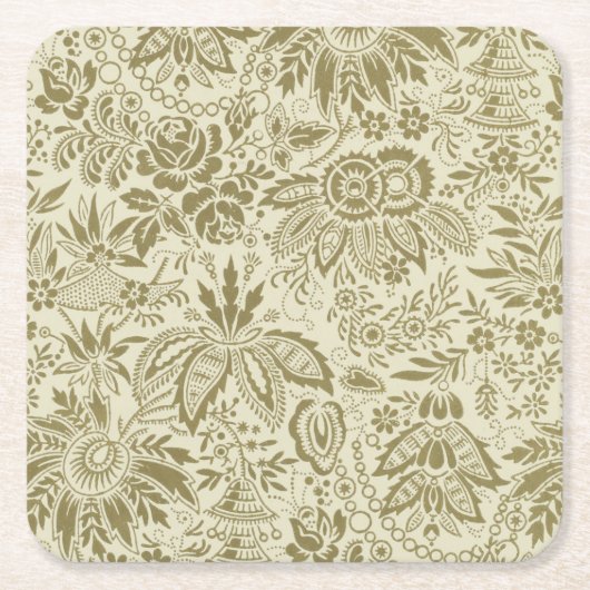 フローラルパターングリーンセージアンティークダマスク スクエアペーパーコースター (正面)