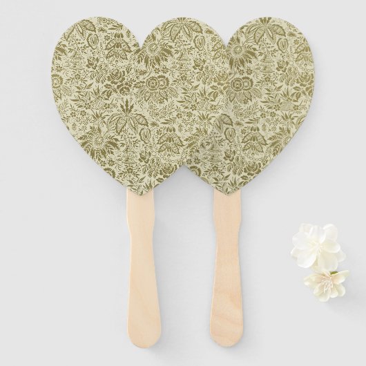 フローラルパターングリーンセージアンティークダマスク ハンドファン (正面&裏面)