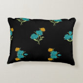 フローラルパターンターコイズコーラルグリーンオンブラック アクセントクッション (裏面)