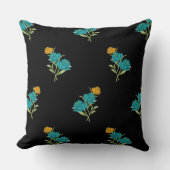 フローラルパターンターコイズコーラルグリーンオンブラック クッション (正面)
