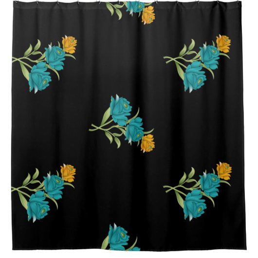 フローラルパターンターコイズコーラルグリーンオンブラック シャワーカーテン (正面)