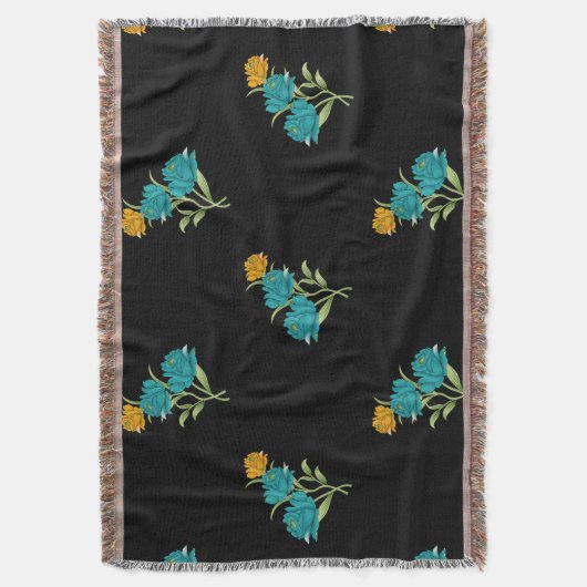 フローラルパターンターコイズコーラルグリーンオンブラック スローブランケット (正面縦)