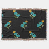 フローラルパターンターコイズコーラルグリーンオンブラック スローブランケット (正面)