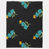 フローラルパターンターコイズコーラルグリーンオンブラック フリースブランケット (正面)