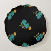 フローラルパターンターコイズコーラルグリーンオンブラック ラウンドクッション (裏面)