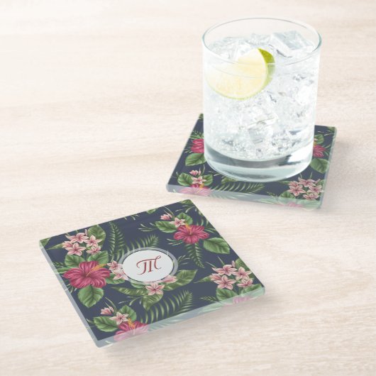 フローラルパターンハイビスカスモノグラムガラスコースター ガラスコースター (アングル)