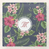 フローラルパターンハイビスカスモノグラムガラスコースター ガラスコースター (正面)