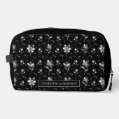 フローラルパターンブラック&シルバーネーム化粧品バッグ ドップキット (正面)