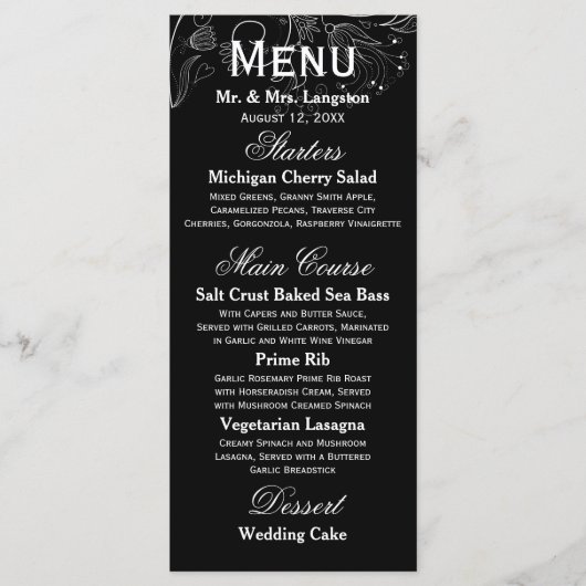 フローラルパターンブラック/ホワイトチューリップ – 披露宴メニュー メニュー (正面)