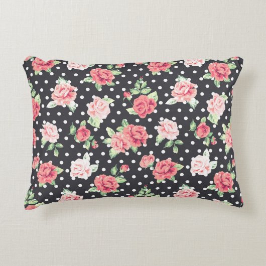 フローラルパターンホワイト水玉模様オンブラックバックグラウンド アクセントクッション (正面)