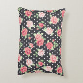 フローラルパターンホワイト水玉模様オンブラックバックグラウンド アクセントクッション (裏面(縦))