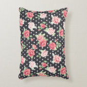 フローラルパターンホワイト水玉模様オンブラックバックグラウンド アクセントクッション (正面(垂直))