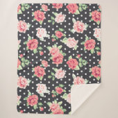 フローラルパターンホワイト水玉模様オンブラックバックグラウンド シェルパブランケット (正面)